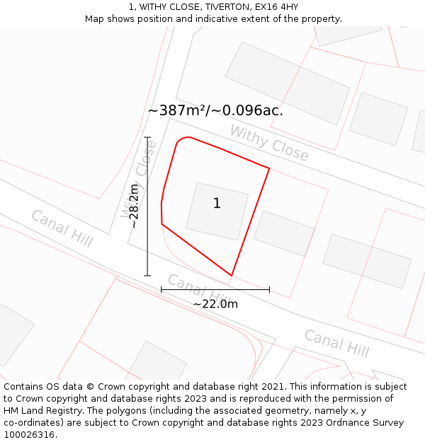 1, WITHY CLOSE, TIVERTON, EX16 4HY: Plot and title map