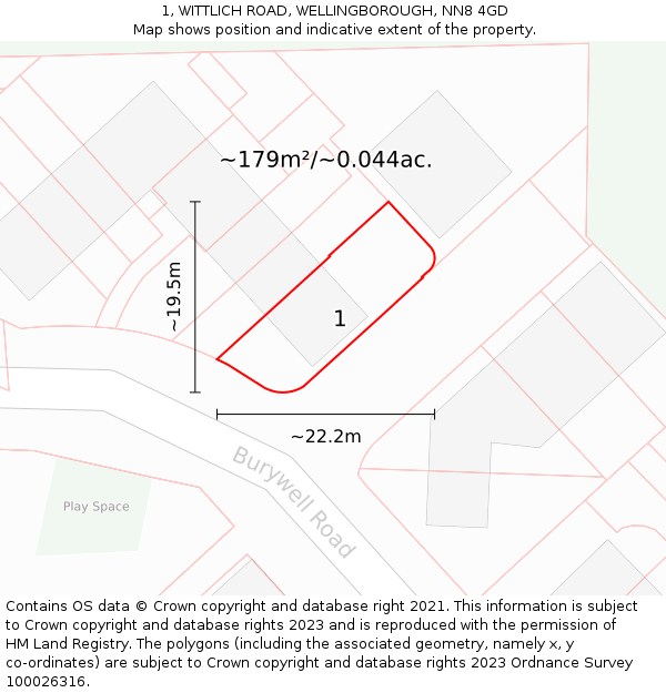 1, WITTLICH ROAD, WELLINGBOROUGH, NN8 4GD: Plot and title map