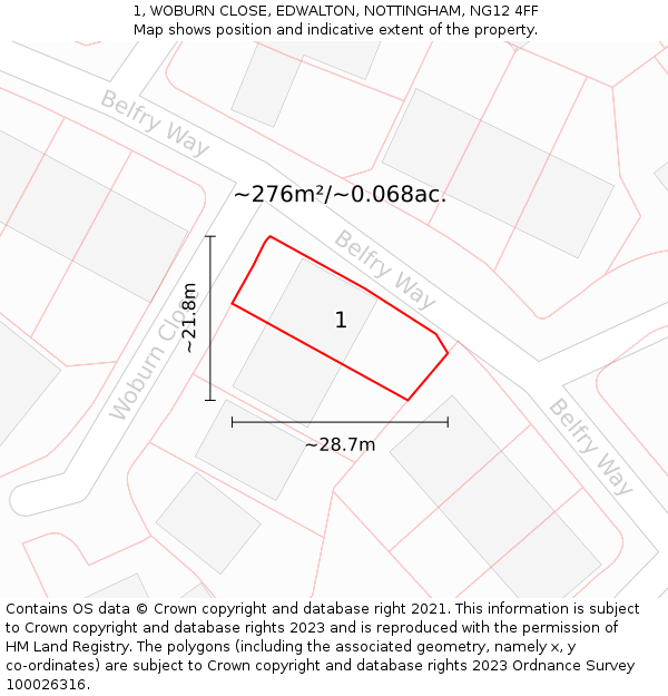 1, WOBURN CLOSE, EDWALTON, NOTTINGHAM, NG12 4FF: Plot and title map