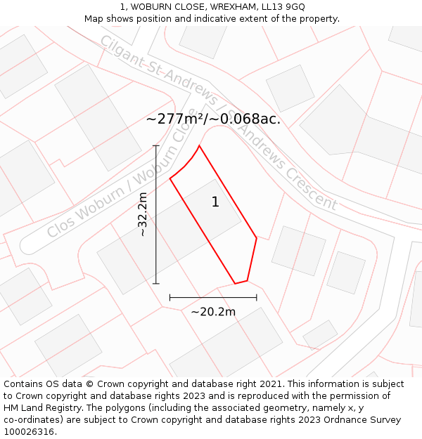 1, WOBURN CLOSE, WREXHAM, LL13 9GQ: Plot and title map