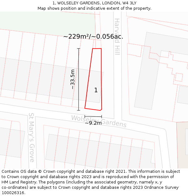 1, WOLSELEY GARDENS, LONDON, W4 3LY: Plot and title map