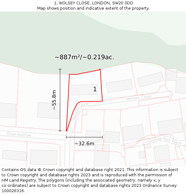 1, WOLSEY CLOSE, LONDON, SW20 0DD: Plot and title map