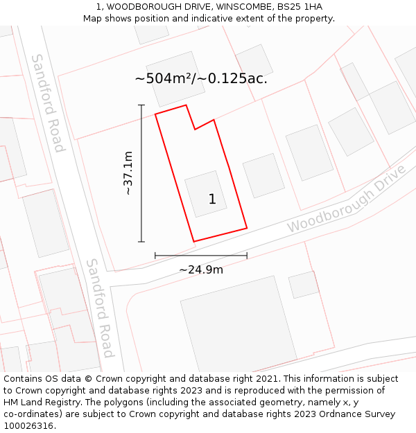 1, WOODBOROUGH DRIVE, WINSCOMBE, BS25 1HA: Plot and title map