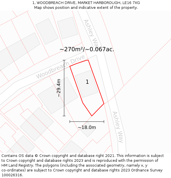 1, WOODBREACH DRIVE, MARKET HARBOROUGH, LE16 7XG: Plot and title map
