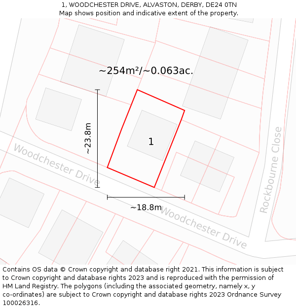 1, WOODCHESTER DRIVE, ALVASTON, DERBY, DE24 0TN: Plot and title map