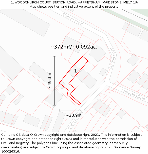 1, WOODCHURCH COURT, STATION ROAD, HARRIETSHAM, MAIDSTONE, ME17 1JA: Plot and title map