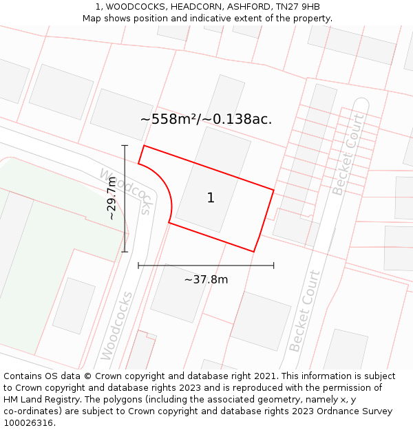 1, WOODCOCKS, HEADCORN, ASHFORD, TN27 9HB: Plot and title map