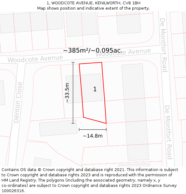 1, WOODCOTE AVENUE, KENILWORTH, CV8 1BH: Plot and title map