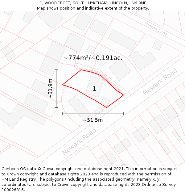 1, WOODCROFT, SOUTH HYKEHAM, LINCOLN, LN6 9NE: Plot and title map