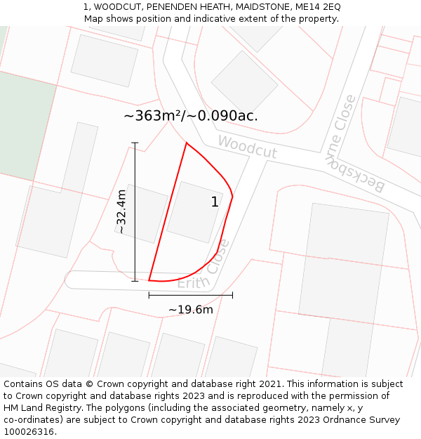 1, WOODCUT, PENENDEN HEATH, MAIDSTONE, ME14 2EQ: Plot and title map