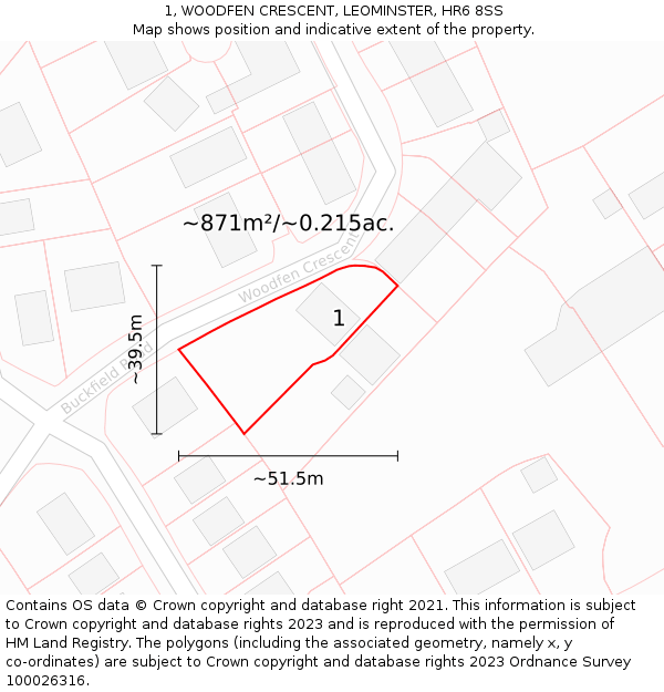 1, WOODFEN CRESCENT, LEOMINSTER, HR6 8SS: Plot and title map