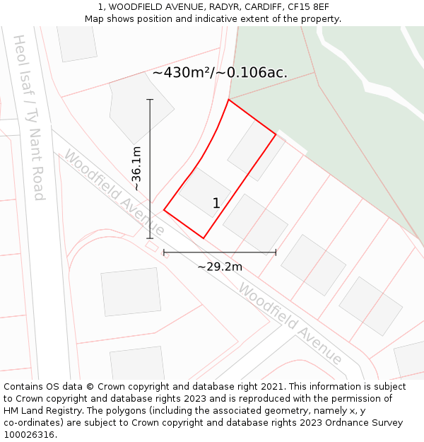 1, WOODFIELD AVENUE, RADYR, CARDIFF, CF15 8EF: Plot and title map