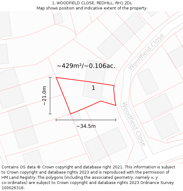 1, WOODFIELD CLOSE, REDHILL, RH1 2DL: Plot and title map