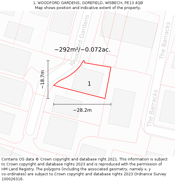 1, WOODFORD GARDENS, GOREFIELD, WISBECH, PE13 4QB: Plot and title map