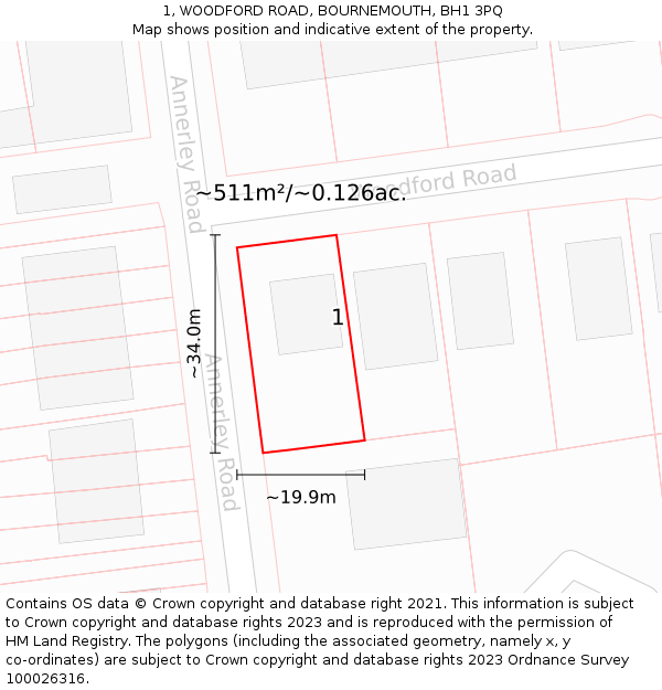 1, WOODFORD ROAD, BOURNEMOUTH, BH1 3PQ: Plot and title map