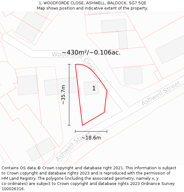 1, WOODFORDE CLOSE, ASHWELL, BALDOCK, SG7 5QE: Plot and title map