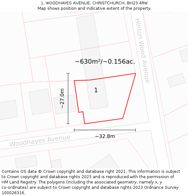 1, WOODHAYES AVENUE, CHRISTCHURCH, BH23 4RW: Plot and title map