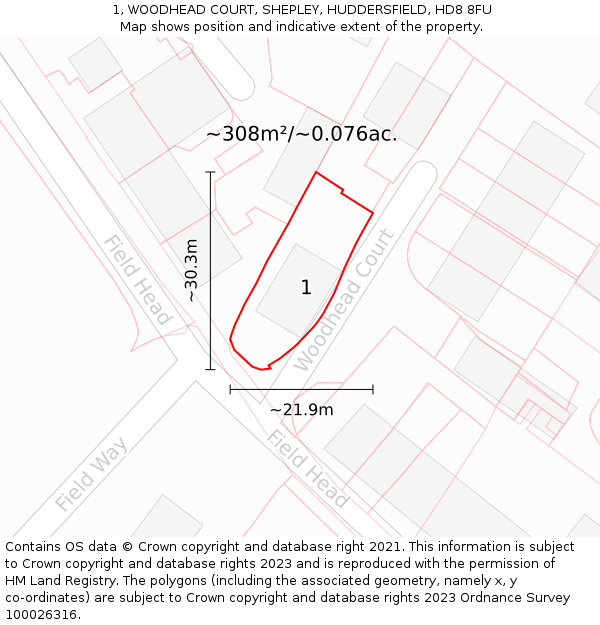 1, WOODHEAD COURT, SHEPLEY, HUDDERSFIELD, HD8 8FU: Plot and title map