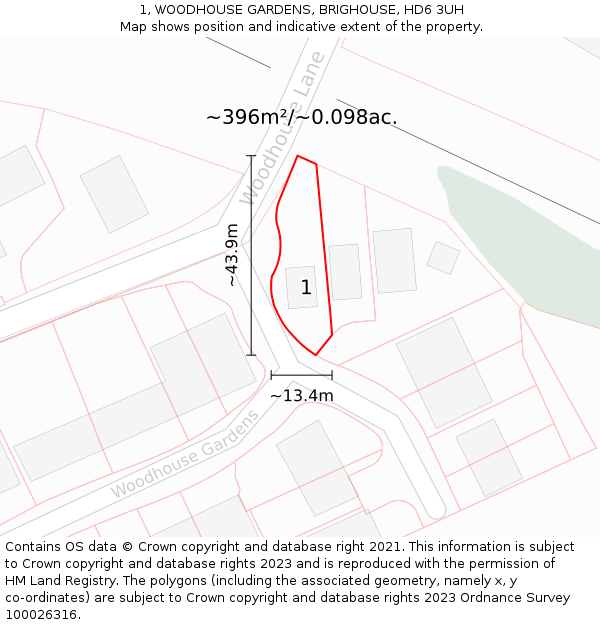 1, WOODHOUSE GARDENS, BRIGHOUSE, HD6 3UH: Plot and title map