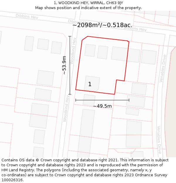 1, WOODKIND HEY, WIRRAL, CH63 9JY: Plot and title map