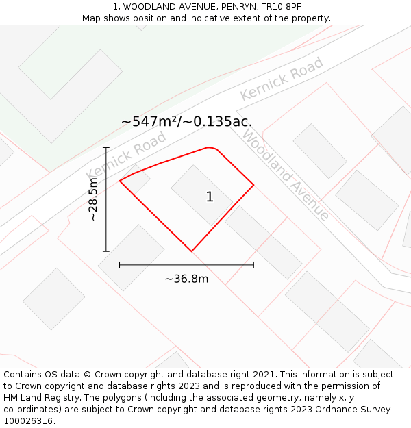 1, WOODLAND AVENUE, PENRYN, TR10 8PF: Plot and title map