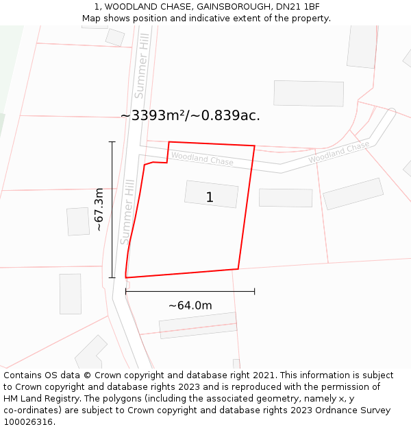 1, WOODLAND CHASE, GAINSBOROUGH, DN21 1BF: Plot and title map