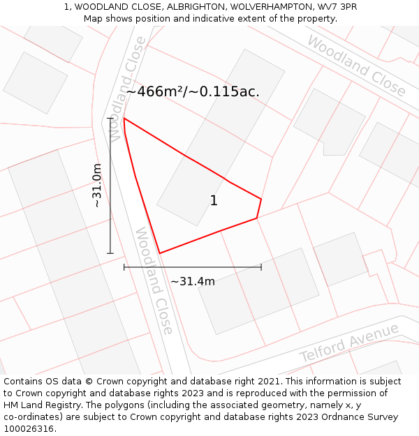 1, WOODLAND CLOSE, ALBRIGHTON, WOLVERHAMPTON, WV7 3PR: Plot and title map