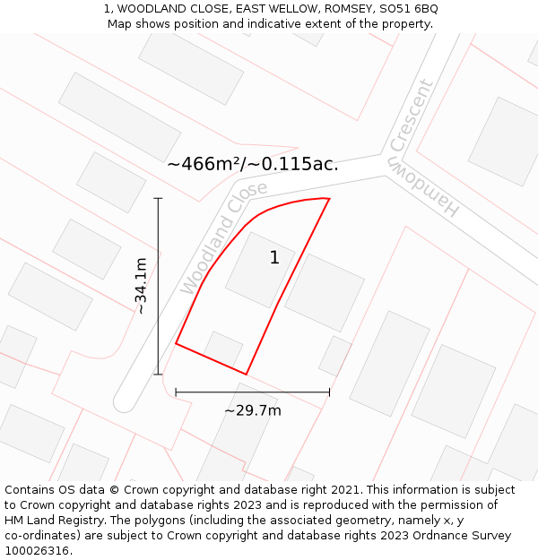 1, WOODLAND CLOSE, EAST WELLOW, ROMSEY, SO51 6BQ: Plot and title map