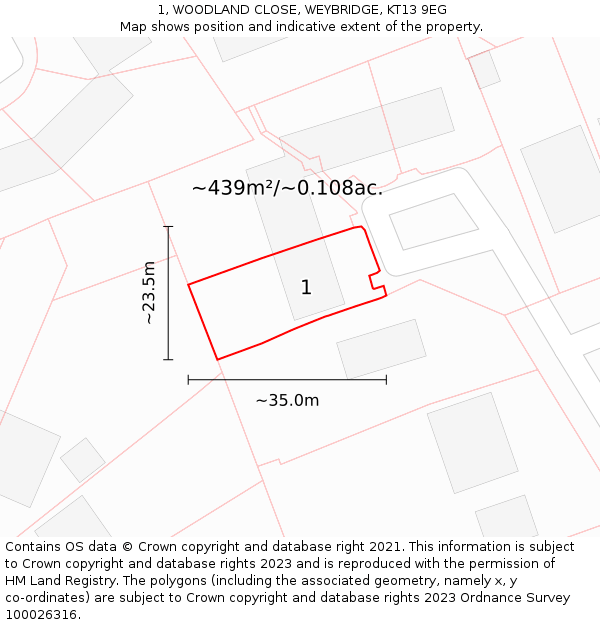 1, WOODLAND CLOSE, WEYBRIDGE, KT13 9EG: Plot and title map