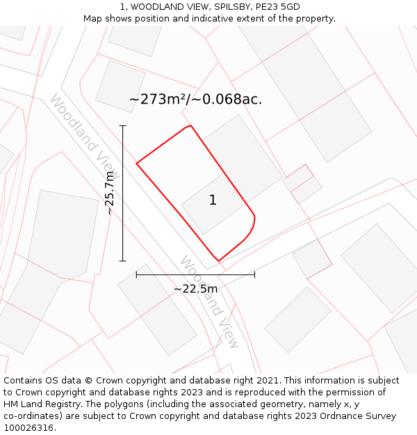 1, WOODLAND VIEW, SPILSBY, PE23 5GD: Plot and title map