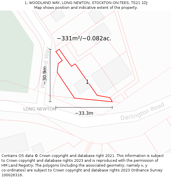 1, WOODLAND WAY, LONG NEWTON, STOCKTON-ON-TEES, TS21 1DJ: Plot and title map