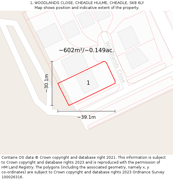 1, WOODLANDS CLOSE, CHEADLE HULME, CHEADLE, SK8 6LY: Plot and title map