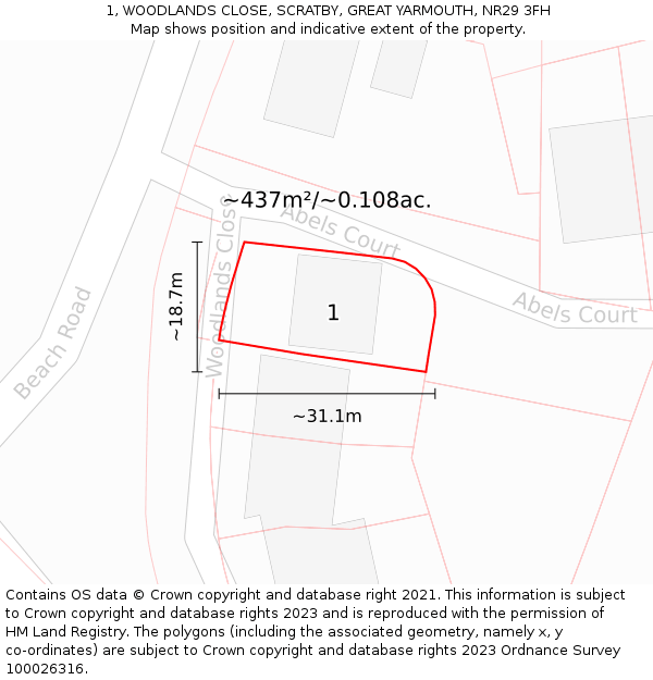 1, WOODLANDS CLOSE, SCRATBY, GREAT YARMOUTH, NR29 3FH: Plot and title map