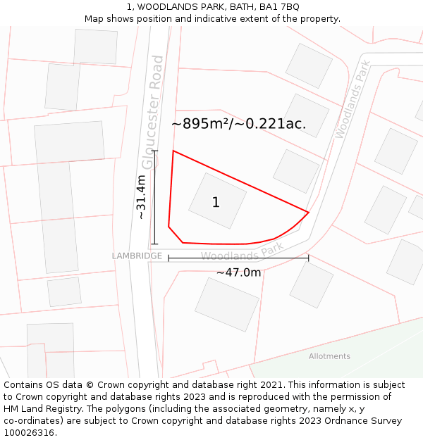 1, WOODLANDS PARK, BATH, BA1 7BQ: Plot and title map