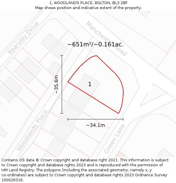 1, WOODLANDS PLACE, BOLTON, BL3 2BF: Plot and title map