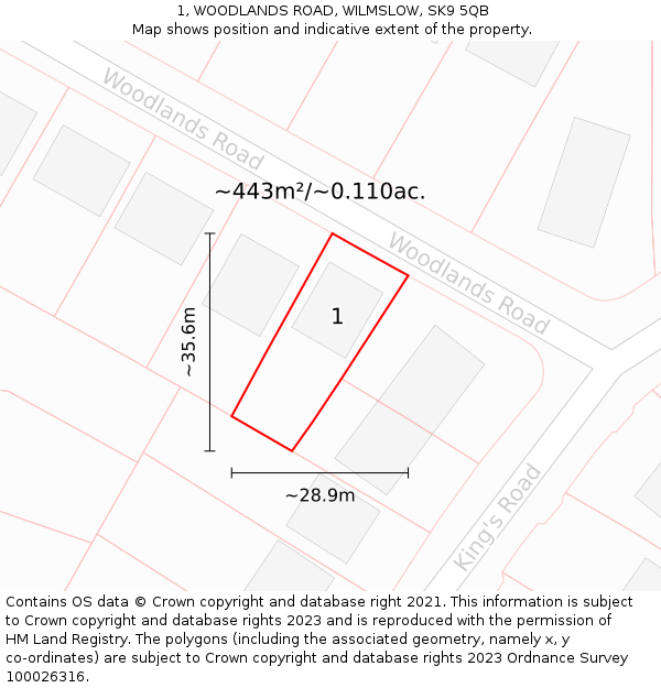 1, WOODLANDS ROAD, WILMSLOW, SK9 5QB: Plot and title map