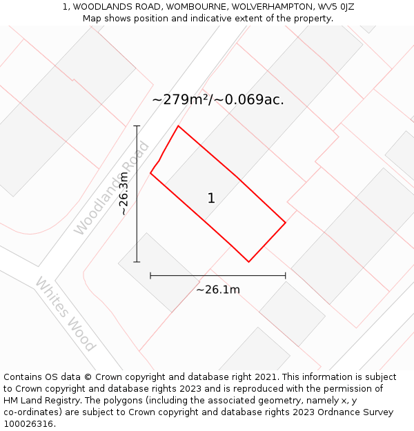 1, WOODLANDS ROAD, WOMBOURNE, WOLVERHAMPTON, WV5 0JZ: Plot and title map