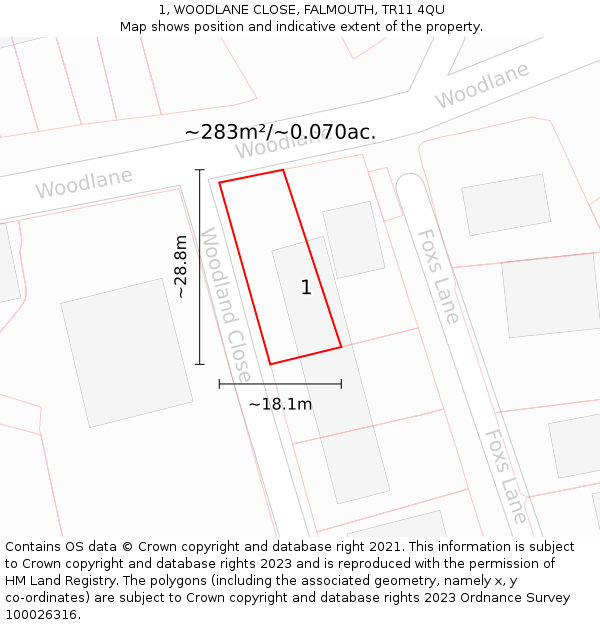 1, WOODLANE CLOSE, FALMOUTH, TR11 4QU: Plot and title map