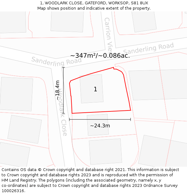 1, WOODLARK CLOSE, GATEFORD, WORKSOP, S81 8UX: Plot and title map