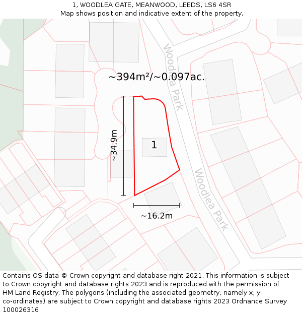 1, WOODLEA GATE, MEANWOOD, LEEDS, LS6 4SR: Plot and title map