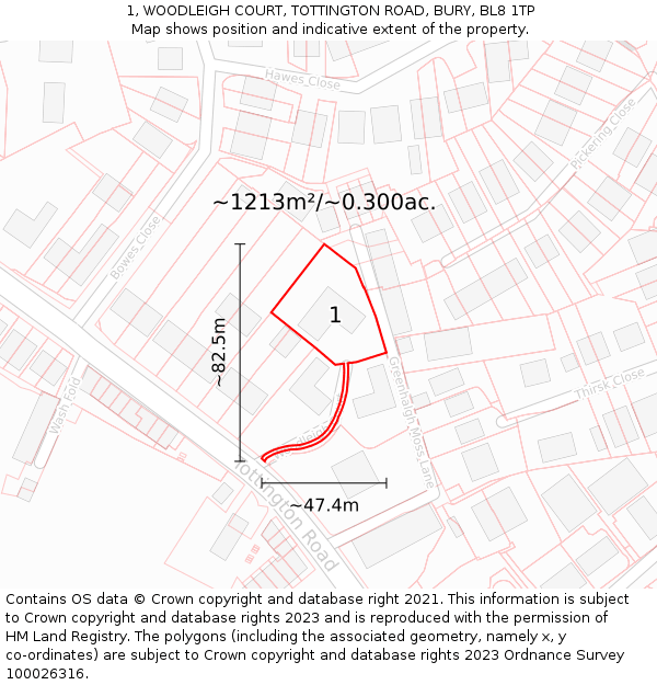 1, WOODLEIGH COURT, TOTTINGTON ROAD, BURY, BL8 1TP: Plot and title map