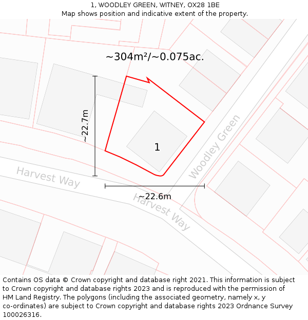 1, WOODLEY GREEN, WITNEY, OX28 1BE: Plot and title map