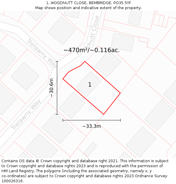 1, WOODNUTT CLOSE, BEMBRIDGE, PO35 5YF: Plot and title map