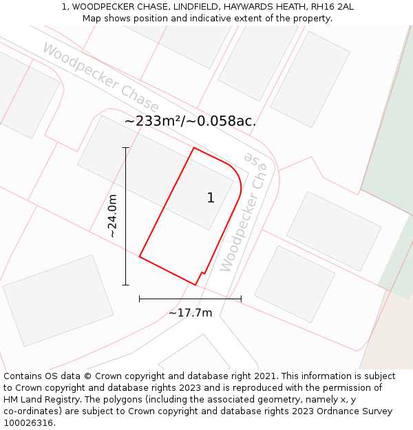 1, WOODPECKER CHASE, LINDFIELD, HAYWARDS HEATH, RH16 2AL: Plot and title map