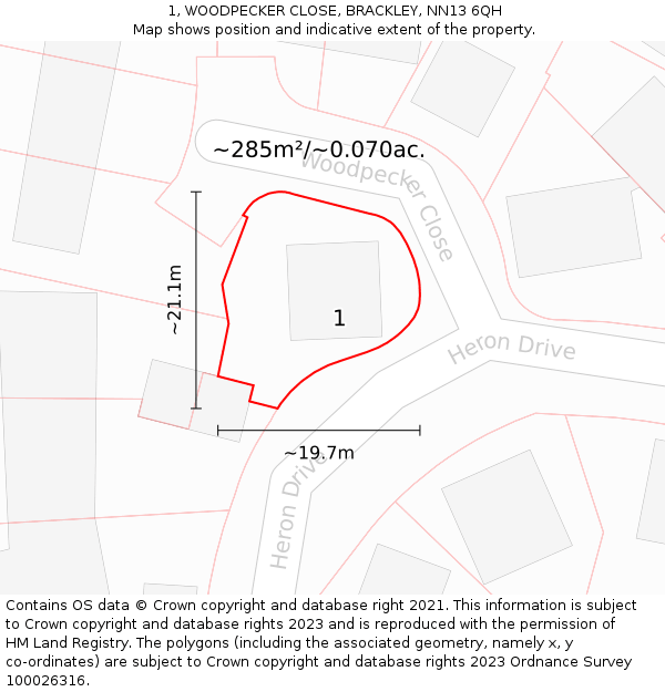 1, WOODPECKER CLOSE, BRACKLEY, NN13 6QH: Plot and title map