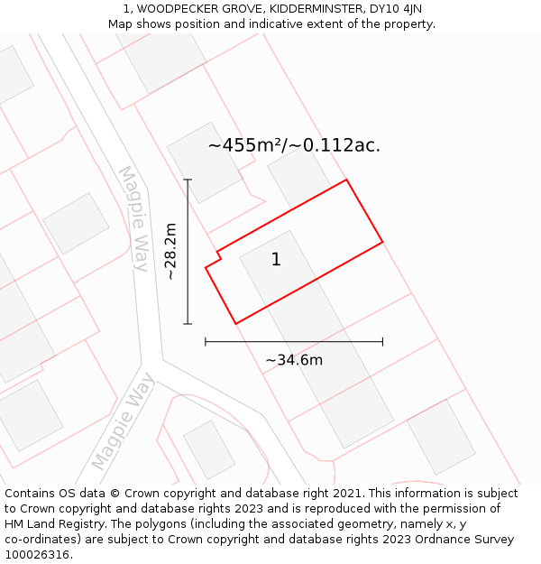 1, WOODPECKER GROVE, KIDDERMINSTER, DY10 4JN: Plot and title map