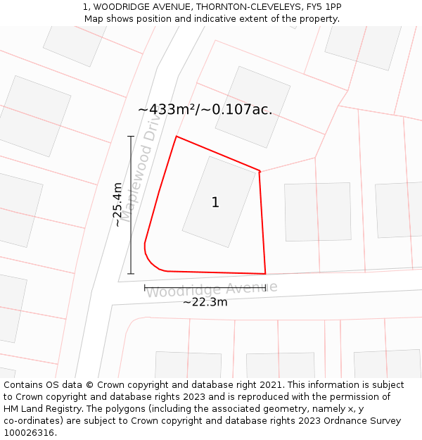 1, WOODRIDGE AVENUE, THORNTON-CLEVELEYS, FY5 1PP: Plot and title map