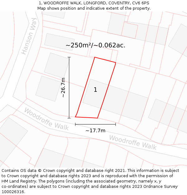 1, WOODROFFE WALK, LONGFORD, COVENTRY, CV6 6PS: Plot and title map