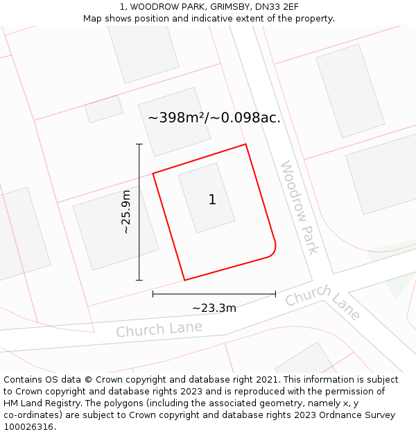 1, WOODROW PARK, GRIMSBY, DN33 2EF: Plot and title map