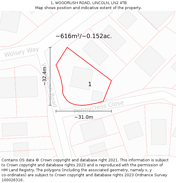 1, WOODRUSH ROAD, LINCOLN, LN2 4TB: Plot and title map